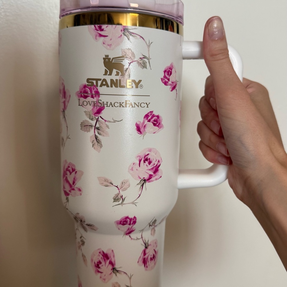 Stanley X LoveShackFancy White Travel Tumbler with Pink Floral Pattern